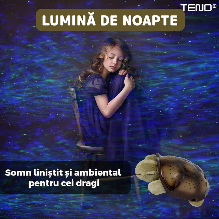 Lampa de Veghe Testoasa Teno®, proiector de lumini, 8 constelatii, lumina RBG, 2 cantece de adormit copiii, pufoasa si moale, mod inchidere automata, verde/maro