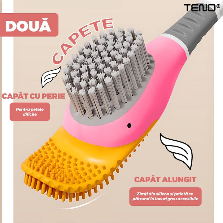 Perie pentru Toaleta Ratusca Teno®, din silicon, model adorabil, carcasa ou, suport adeziv montabil pe orice suprafata, 2 capete, capat cioc din silicon, capat cu peri pentru pete, roz