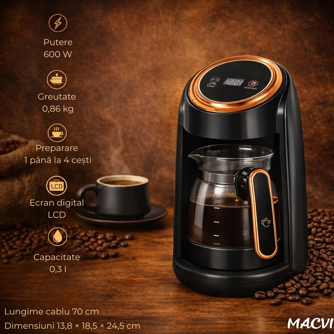 Cafetiera Electrica Macvi® Tip Ibric pentru Cafea Turceasca, 600W, 0, 3L, Display LCD, Negru/Auriu, Multifunctionala