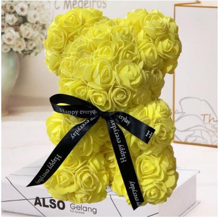 Ursulet Cu Inima Trandafiri Spuma Macvi®, 24 cm, Cutie Cadou Inclusa, Galben, Decor Romantic, Cadou Valentine Aniversare