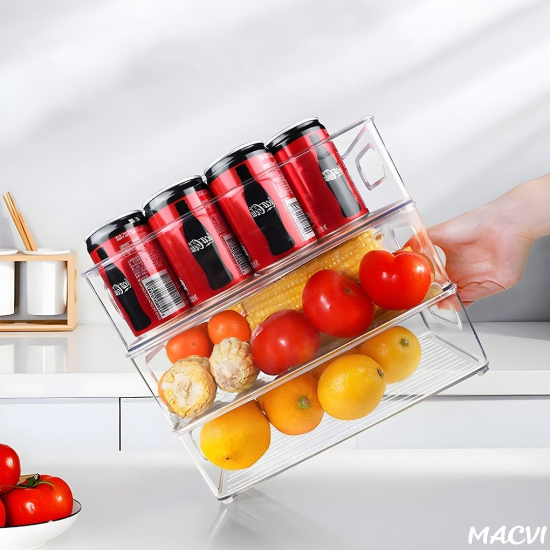 Set 4 organizatoare Macvi® pentru frigider, ABS durabil, fara BPA, stocabile, cu manere integrate, 26×15 cm, transparente