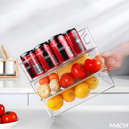 Set 4 organizatoare Macvi® pentru frigider, ABS durabil, fara BPA, stocabile, cu manere integrate, 26×15 cm, transparente