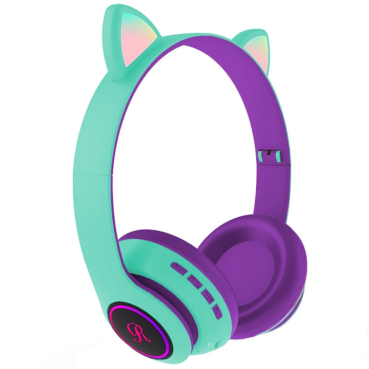 Casti Wireless Model Pisica Teno®, overear, urechi de pisica cu iluminare RGB, bluetooth 5.0, handsfree, HiFi, bass stereo, menta/mov