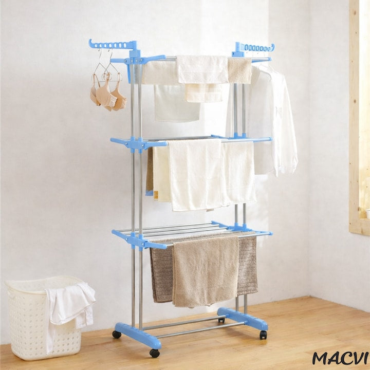 Uscator vertical pentru rufe Macvi®, cu 3 nivele de uscare, mobil si pliabil, suport umerase, albastru