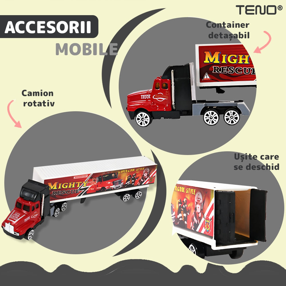 Set Camion Trailer de Jucarie pentru Transport Teno®, pentru masinute de curse, 9 masinute incluse, semne de circulatie, accesorii mobile, plastic si metal, scara 1:22, negru
