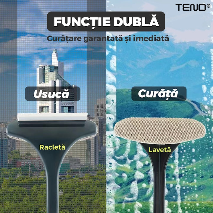 Stergator 2 in 1 Teno®, design dual cu laveta si racleta, maner detasabil, curatare si lustruire, ideal pentru toate tipurile de suprafete, gri/galben