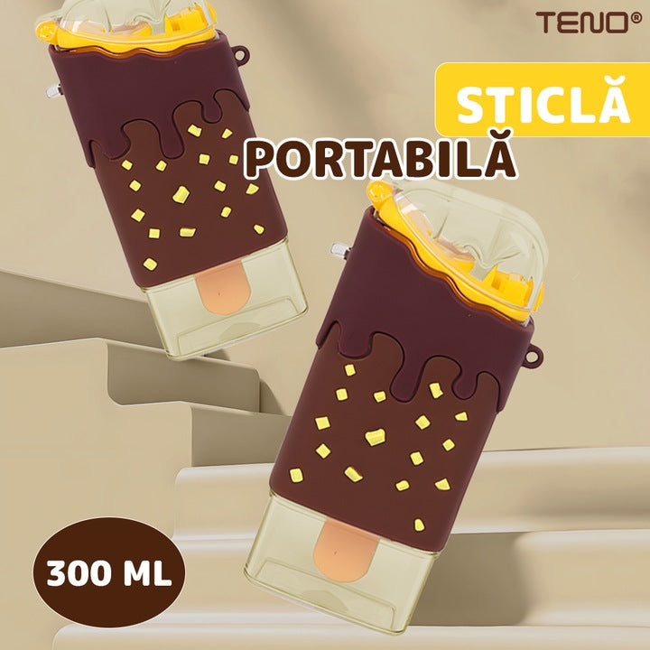 Sticla de Apa pentru Copii Teno®, forma de inghetata cu alune, fara BPA, anti-scurgere, usor de curatat, pai incorporat, pentru copii, 300 ml, maro
