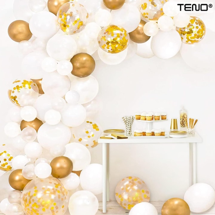 Set 105 Baloane Teno®, Tip Arcada, pentru Petreceri/Aniversari/Evenimente, diverse modele, umplute cu confetti, latex, alb/auriu