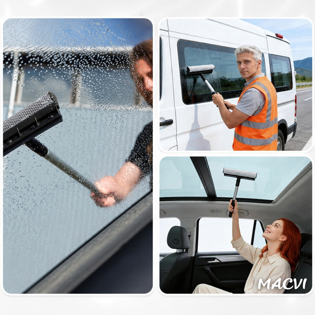 Perie pentru Spalat Geamuri cu Manere Extensibile Macvi® Telescopice din Aluminiu, 120 cm, 2 in 1, Stergator pentru Geamuri