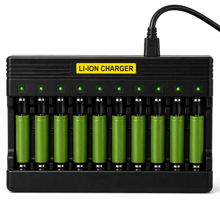 Incarcator inteligent baterii Li-Ion Teno®, 10 sloturi independente, LED individual, protectie completa, compatibil universal 3.7V