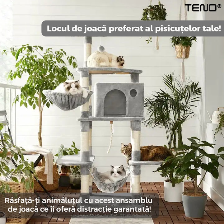 Ansamblu de Joaca pentru Pisici Teno®, tip turn,1 platforma de observatie, 4 niveluri, 1 casuta, scara, hamac, franghie si mingiuta de joaca, stalpi pentru zgariat, captuseala extra moale, structura stabila, 164 cm, gri deschis