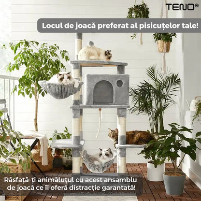 Ansamblu de Joaca pentru Pisici Teno®, tip turn,1 platforma de observatie, 4 niveluri, 1 casuta, scara, hamac, franghie si mingiuta de joaca, stalpi pentru zgariat, captuseala extra moale, structura stabila, 164 cm, gri deschis