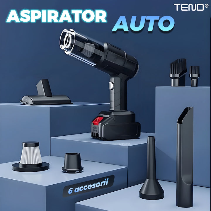 Aspirator de Mana Auto Teno®, 6 in 1, aspirare, suflare, vidare, umflare, viteza ridicata, motor puternic, autonomie mare, baterie litiu, filtru HEPA, 35000PA, 120W, negru