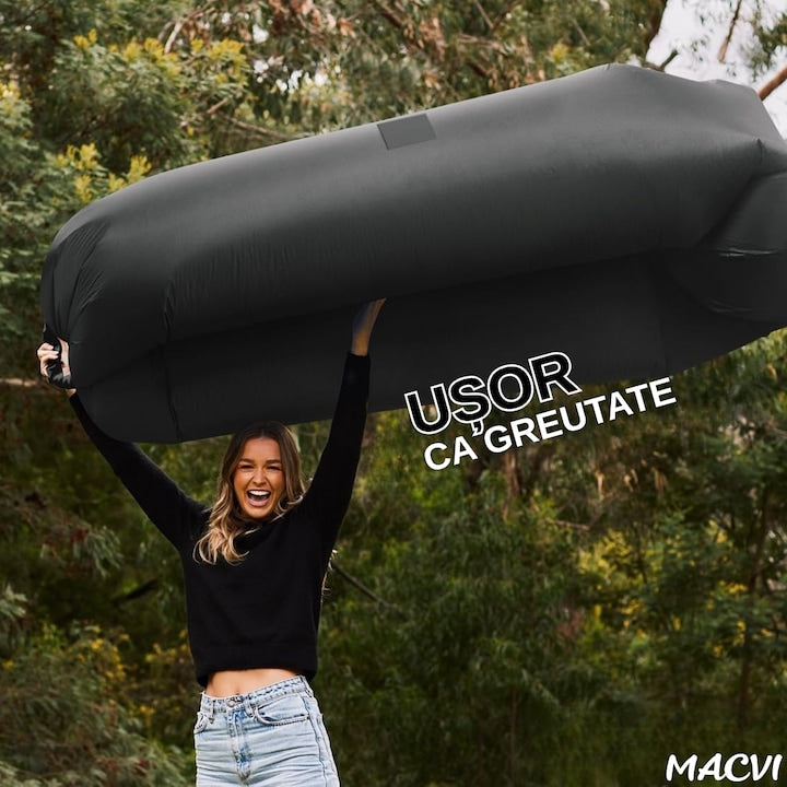 Saltea gonflabila tip sezlong Lazybag Macvi®, material rezistent, umflare fara pompa, pentru plaja/picnic/camping, rucsac de depozitare, 190 x 70 cm,Negru