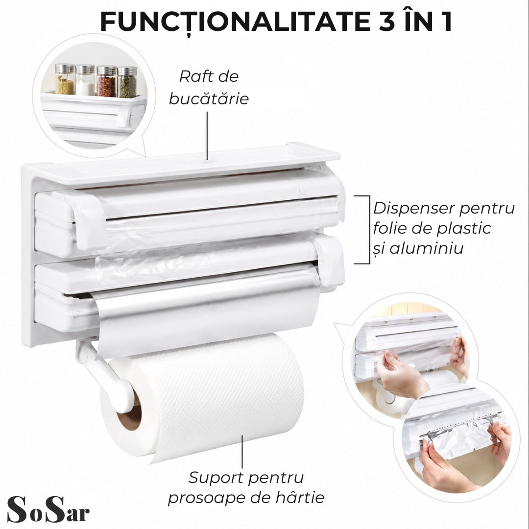 Dispenser Triplu de Bucatarie Sosar® pentru Hartie Folie Alimentara si Folie Aluminiu Suport Perete cu Taiere Usoara Organizator Bucatarie