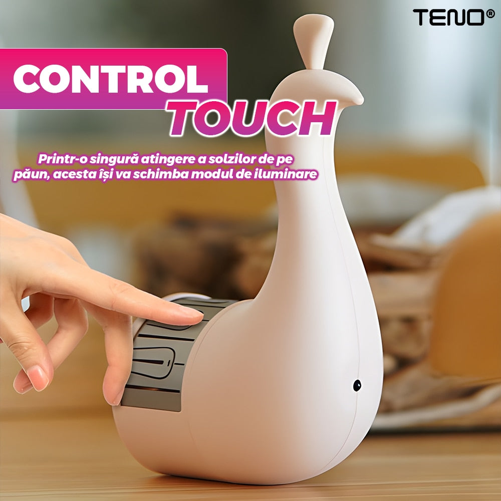 Lampa Proiector Teno®, model paun, alimentare la retea USB, lumini LED, diverse moduri de iluminare, montare usoara, control prin telecomanda/touch, temporizator, alb