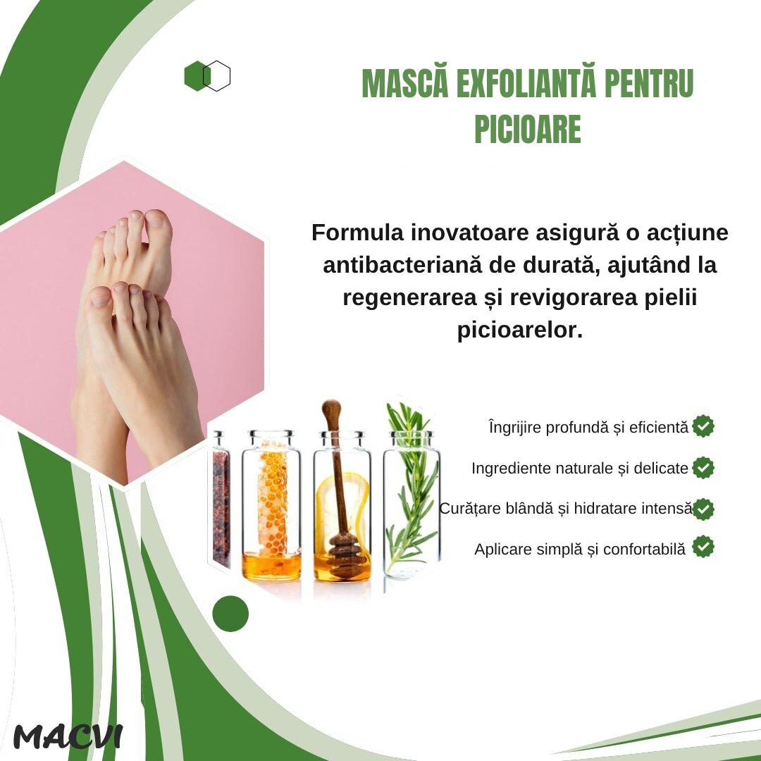 Sosete cu masca exfolianta pentru picioare Macvi®, 1 pereche, hidratare intensa, exfoliere delicata, eliminarea mirosurilor, ingrijire naturala pentru piele catifelata