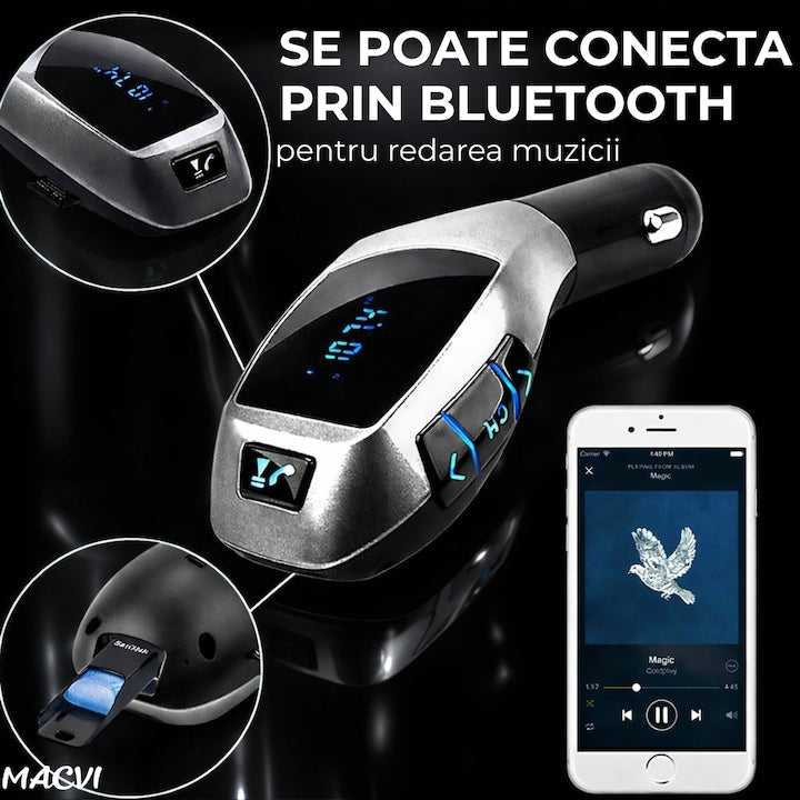 Kit Auto Macvi® cu Functie de Modulator FM si Bluetooth, Compatibil cu Dispozitive Mobile, Functie Handsfree