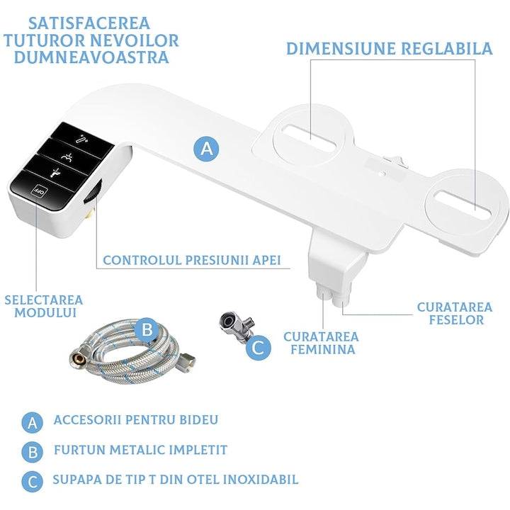Bideu retractabil Macvi®, non electric, auto curatare, control presiune apa rece, montaj WC, kit accesorii toaleta, IP44, negru