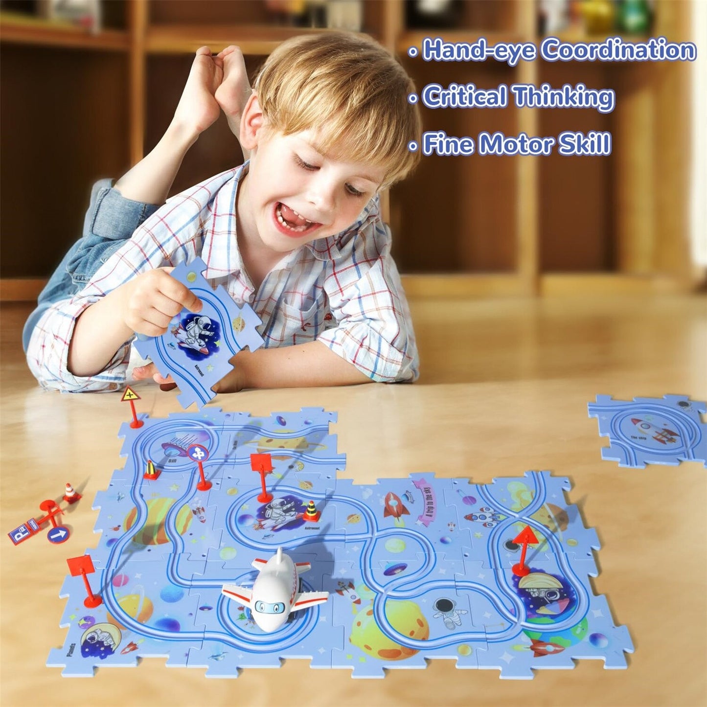 Set puzzle educational Macvi® cu pista de masinute si avion, 25 piese, model spatiu albastru, 47x38 cm, jucarie interactiva pentru copii 3+ ani