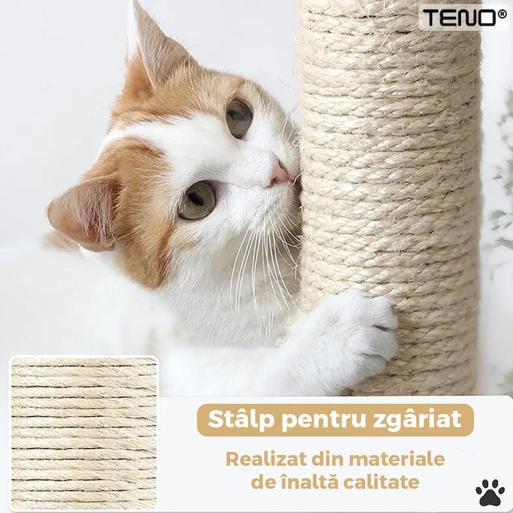Ansamblu de Joaca pentru Pisici Teno®, 1 nivel, loc de relaxare, franghie si minge de joaca, stalpi pentru zgariat, captuseala extra moale, structura stabila, 42 cm, crem
