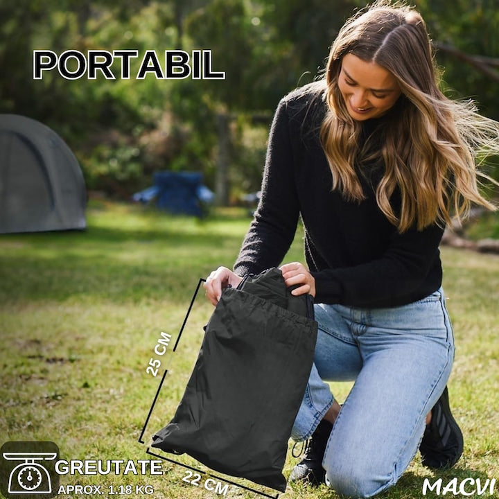 Saltea gonflabila tip sezlong Lazybag Macvi®, material rezistent, umflare fara pompa, pentru plaja/picnic/camping, rucsac de depozitare, 190 x 70 cm,Negru