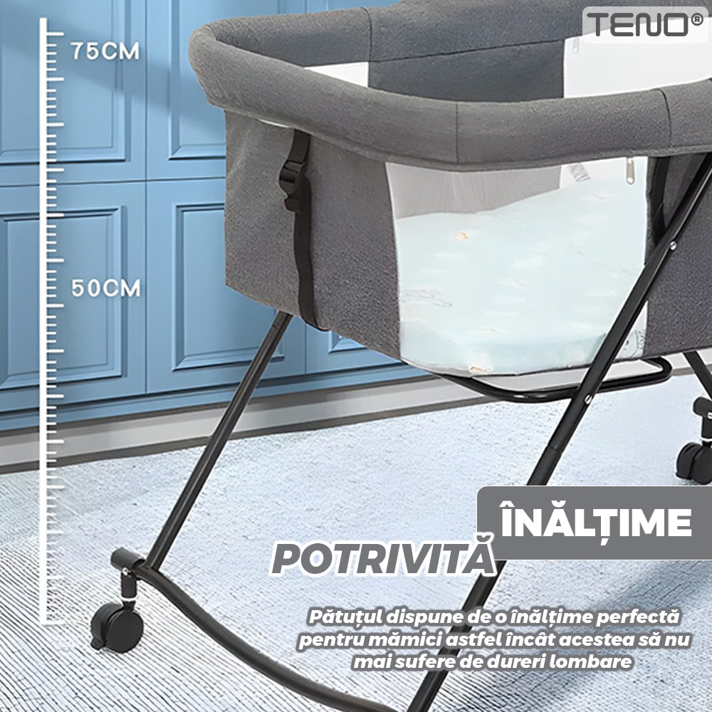 Patut Pliabil pentru Bebelusi Teno®, sistem de blocare, plasa anti-insecte, pliabil, roti retractabile, rezistent, comod, usor de depozitat, gri