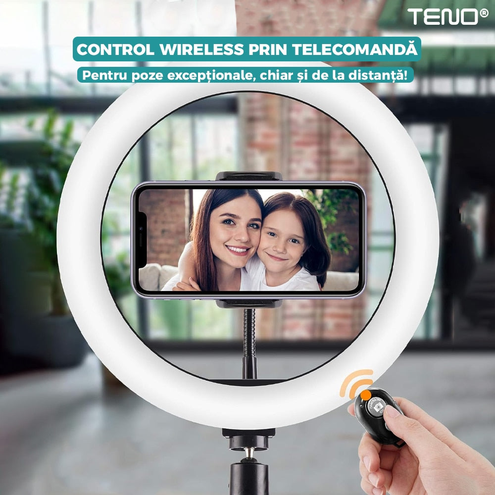 Lampa Circulara Ring Light Teno®, Diametru 56cm/22 Inch, 3 moduri de lumina, 10 trepte reglaj, telecomanda si trepied 210 cm incluse, suport triplu telefon, compatibilitate universala, alb