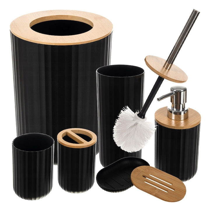 Set 6 Accesorii de Baie Teno®, dispenser de sapun, suport de periute, perie de toaleta, suport sapun, cos de gunoi, detalii din bambus, materiale rezistente, design minimalist, striatii, negru