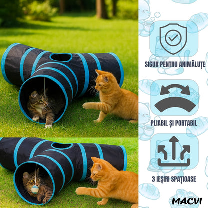Tunel pliabil pentru pisici Macvi®, 3 cai, cu clopotei, poliester rezistent, portabil, 28x28x5 cm, albastru