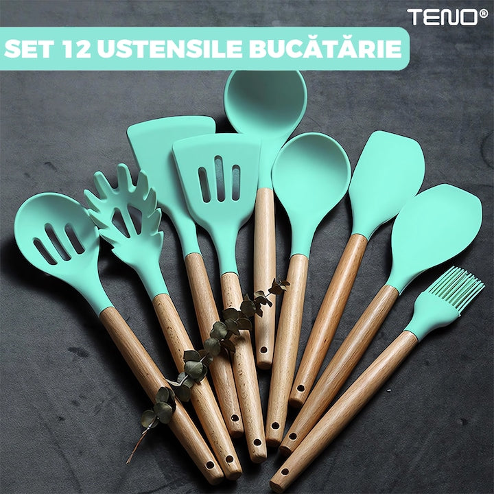 Set Ustensile Bucatarie 12 Piese Silicon Alimentar Teno®, termorezistente, antiaderente, sigure, suport inclus, turcoaz