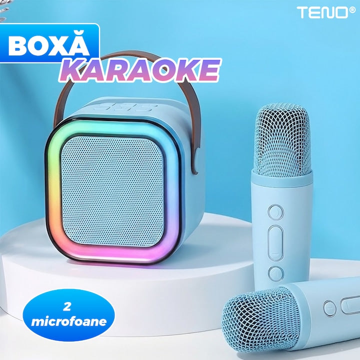 Boxa Portabila Teno®, karaoke, 2 microfoane, 4 porturi, wireless, RBG, Albastru deschis