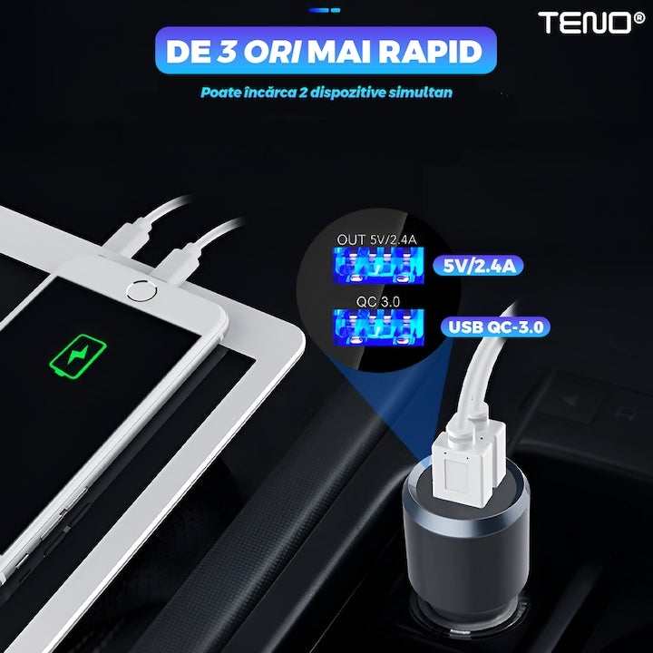 Modulator Auto FM Teno, Bluetooth 5.0, Functie Dubla Incarcare, Afisaj LED, Negru