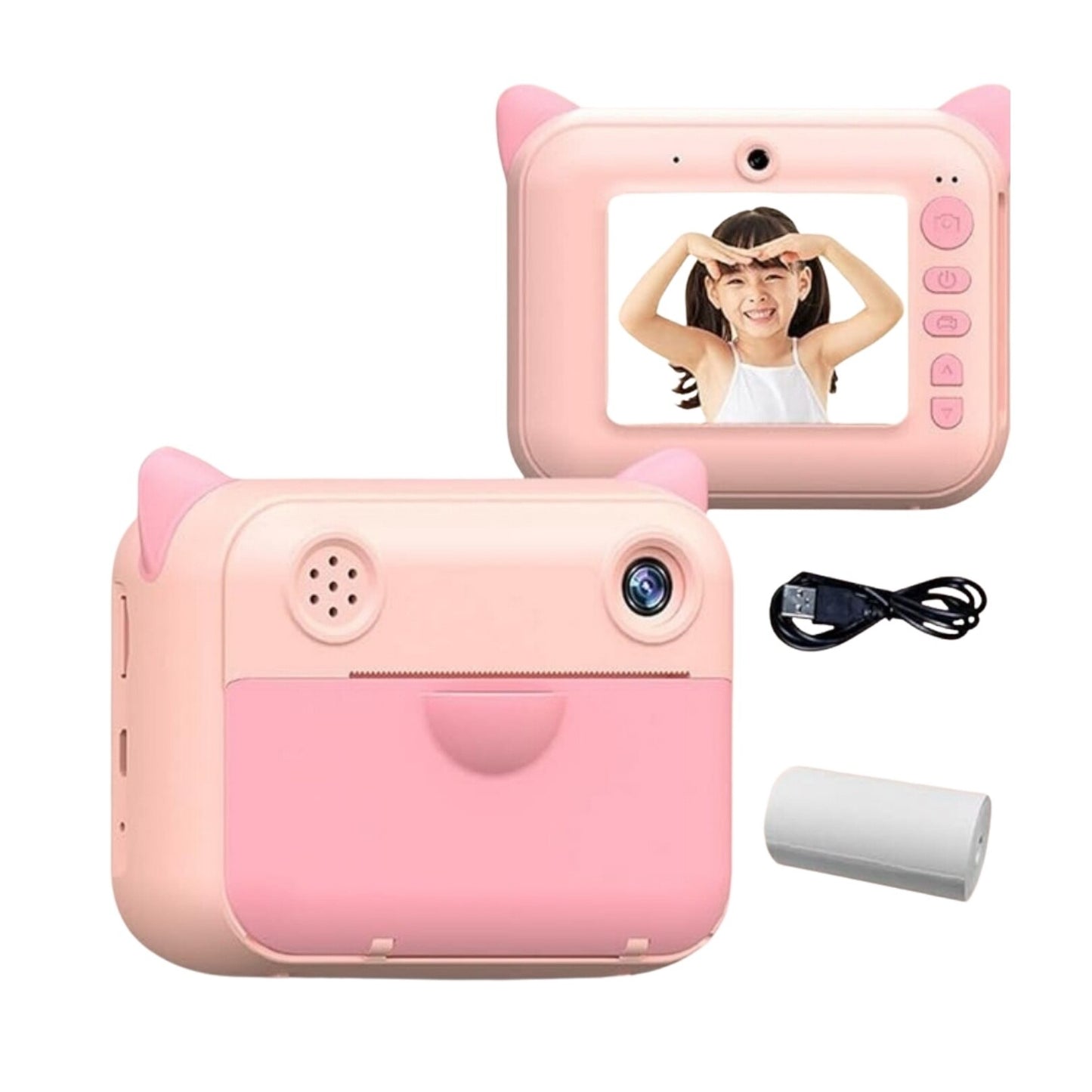 Aparat Foto pentru Copii Macvi® cu Imprimare Instant, Ecran 2.4 inch, 20 Mpx, Full HD 1080P, Selfie, Jocuri, Reincarcabil, 1 rola hartie inclusa, Roz