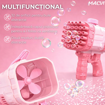 Pistol Baloane Sapun 32 Duze Macvi® tip Bubble Gun cu baterii(neincluse), Ventilator, Roz