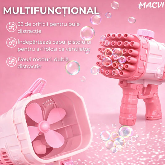 Pistol Baloane Sapun 32 Duze Macvi® tip Bubble Gun cu baterii(neincluse), Ventilator, Roz