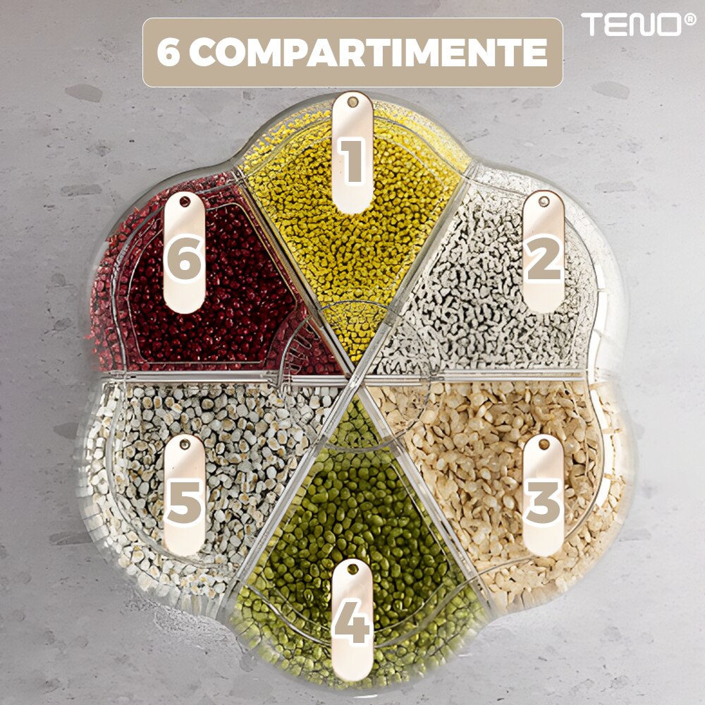 Dozator rotativ Macvi® pentru cereale si alimente uscate, 6 compartimente, capacitate 6.5 kg, sertar detasabil, alb, rotire 360°