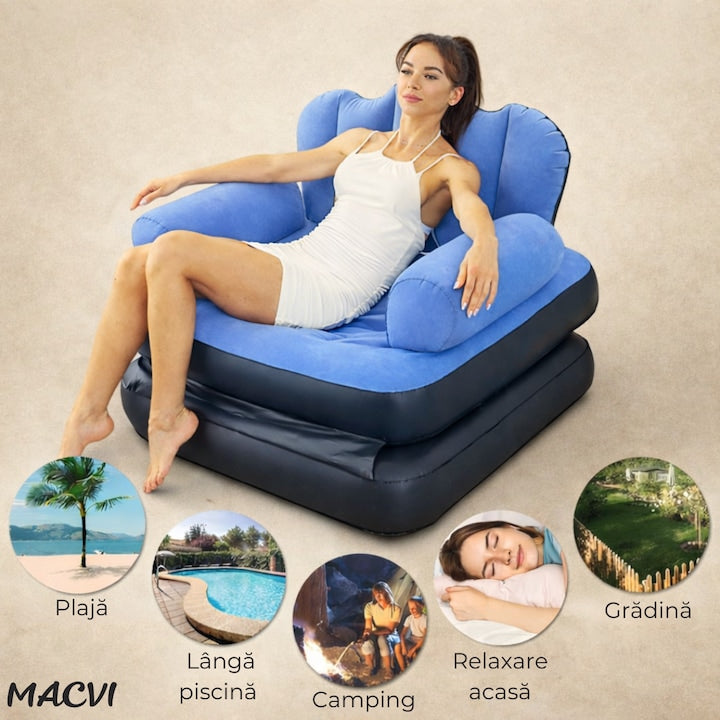 Fotoliu Gonflabil Macvi® XL 2 in 1 Portabil Pentru Interior, Exterior, Camping sau Plaja, Design Ergonomic, 100x88x90 cm, Albastru