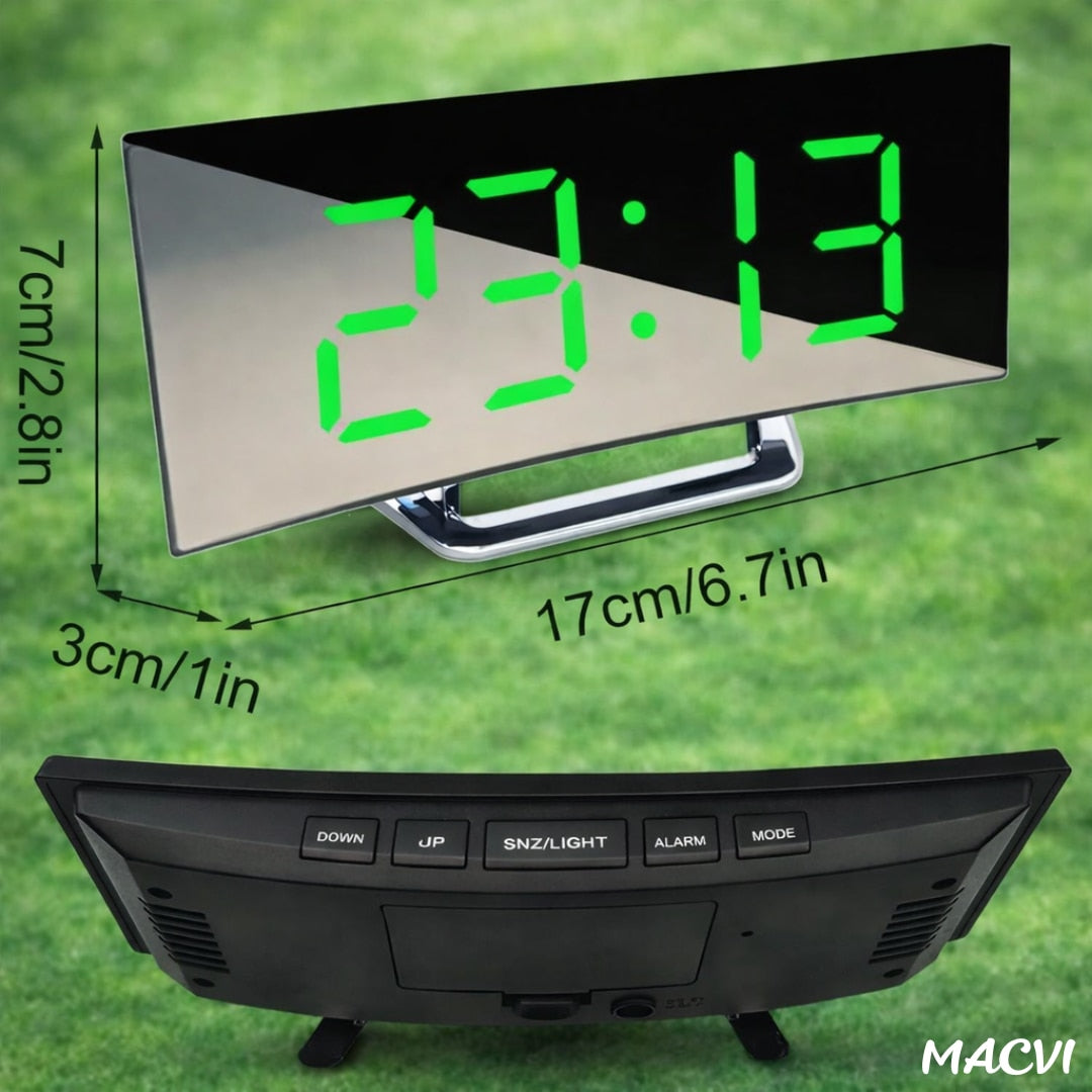 Ceas de masa tip oglinda Macvi® , model DT-6507, ecran LED curbat, afisare temperatura, Verde