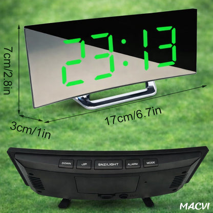 Ceas de masa tip oglinda Macvi® , model DT-6507, ecran LED curbat, afisare temperatura, Verde