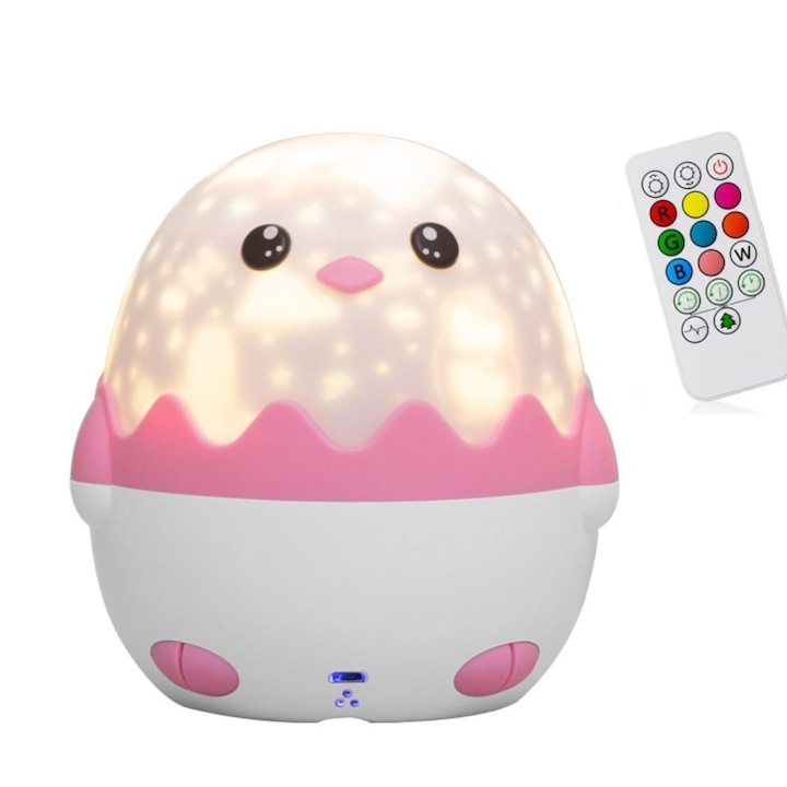 Lampa de veghe Macvi® Pinguin pentru copii, proiectii cu 13 sabloane, efecte sonore, lumini multicolore, telecomanda si incarcare USB, roz