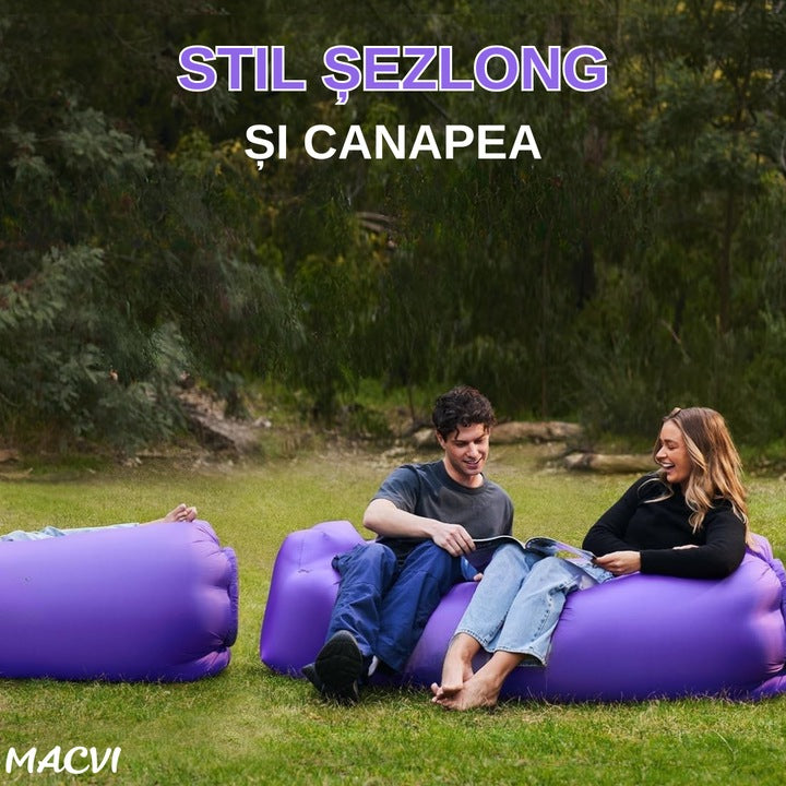 Saltea gonflabila tip sezlong Lazybag Macvi®, material rezistent, umflare fara pompa, pentru plaja/picnic/camping, rucsac de depozitare, 190 x 70 cm,,Mov