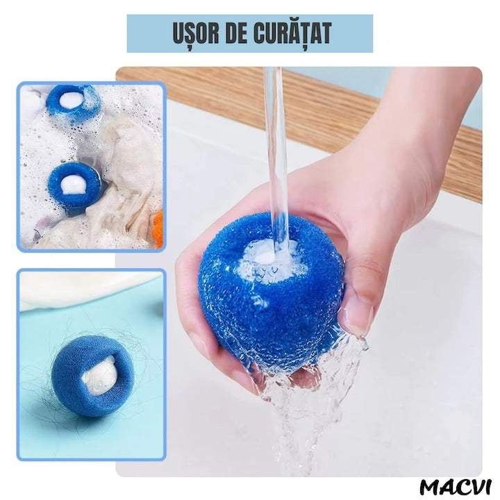 Set 10 bile Macvi® pentru masina de spalat - indepartare eficienta a parului de animale si uman, reutilizabile, eco-friendly, albastru si portocaliu