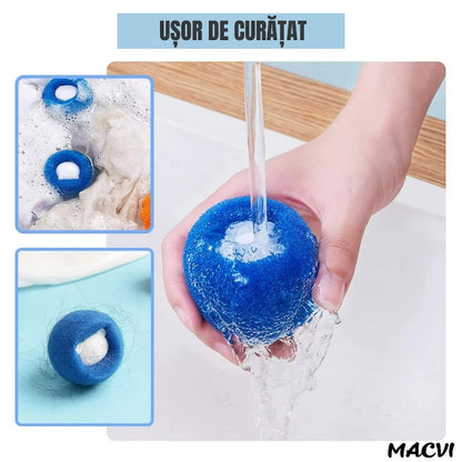 Set 10 bile Macvi® pentru masina de spalat - indepartare eficienta a parului de animale si uman, reutilizabile, eco-friendly, albastru si portocaliu