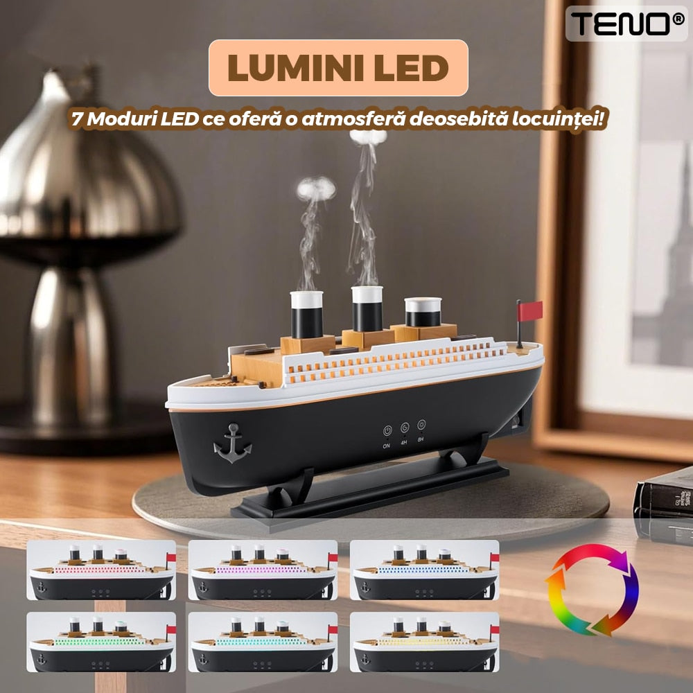 Difuzor Aromaterapie Teno®, forma de nava de croaziera, 7 culori LED, lumini dinamice, control tactil, capacitate 250ml, silentios, rezerva inclusa, umidifica aerul, negru/alb