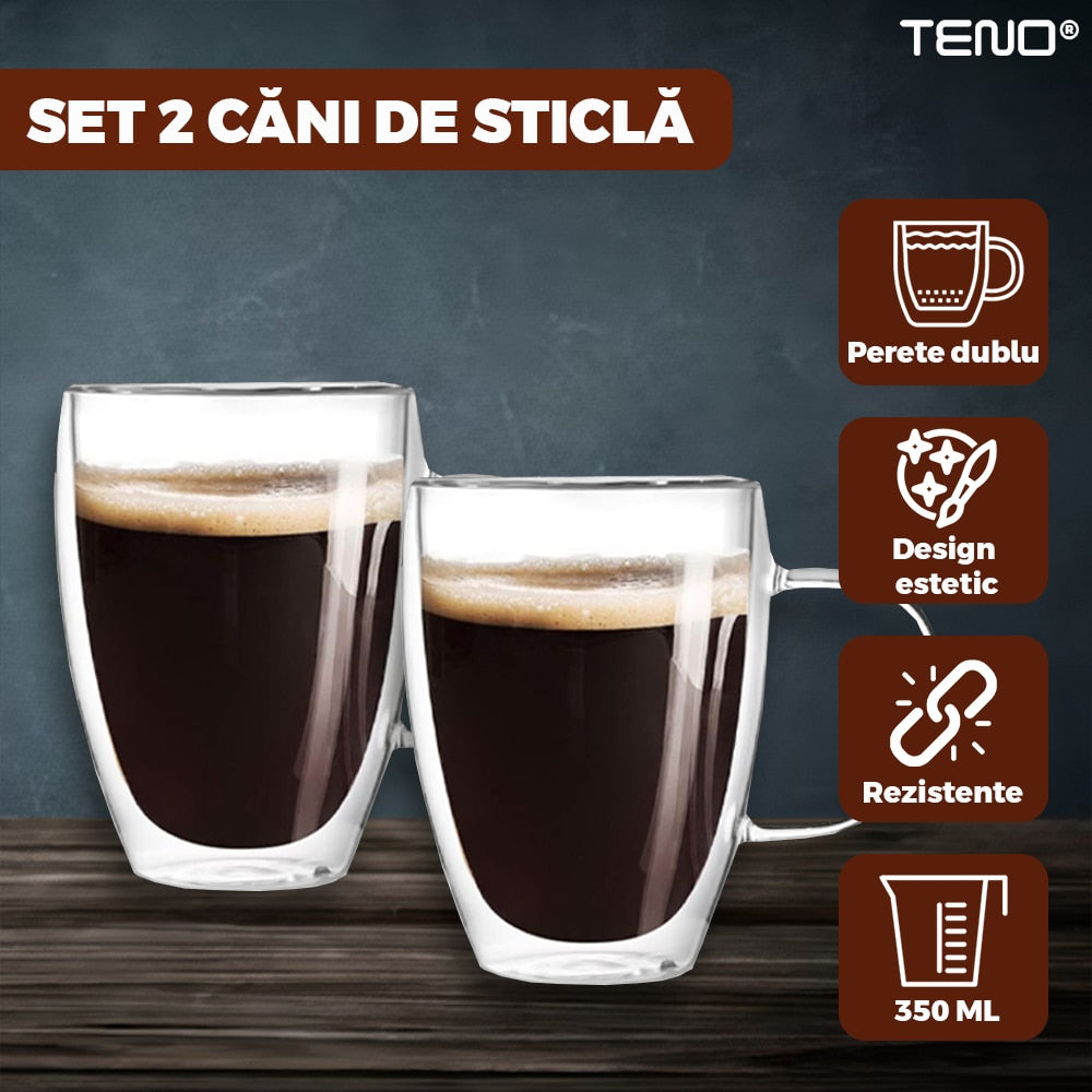 Set 2 Cani de Sticla cu Perete Dublu Teno®, model rotund, design modern, termorezistente, capacitate 350 ml, 12 x 9 cm