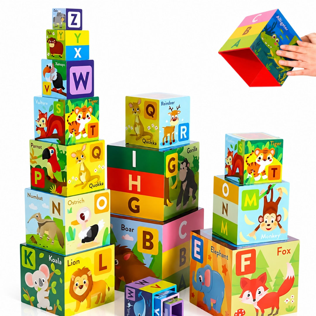 Turn Montessori cu 10 cuburi Macvi® joc educativ, creativ, invatarea alfabetului