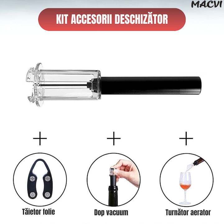 Set Deschizator de Sticle de Vin Macvi® 4 in 1, Tirbuson Profesional cu Taietor de Folie, Dop Vacuum si Picurator