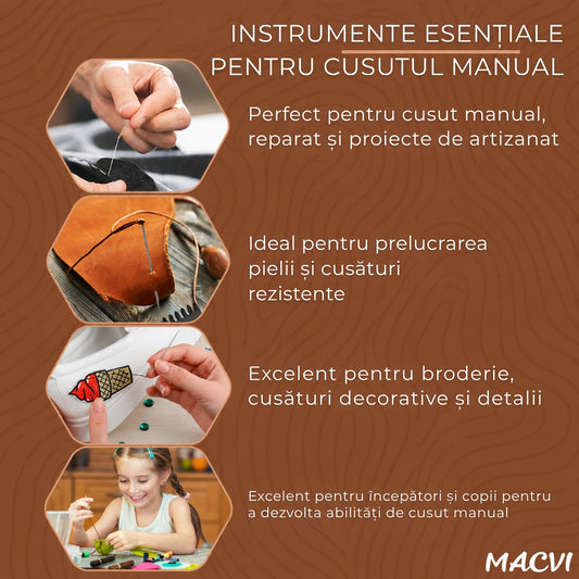 Set Ace de Cusut Macvi® cu Autofiletare 12 Piese Inox Dimensiuni Diferite pentru Cusut Manual Reparatii Textile