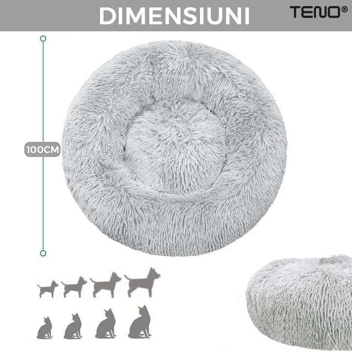 Pat Animale Teno®, captusit, moale, pufos si calduros, pentru caini si pisici, diametru 100cm, baza anti-alunecare, gri
